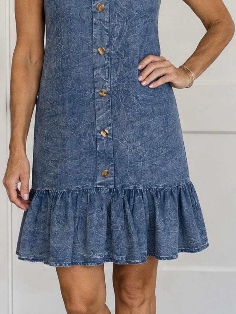 Denim sundress. Soft material. Not heavy or thick.  Very comfortable.
